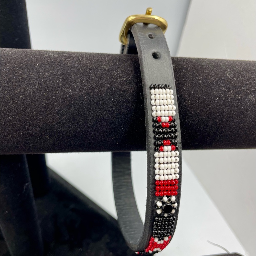 Handmade Kenyan Beaded Leather Dog Collar 12” small red white black